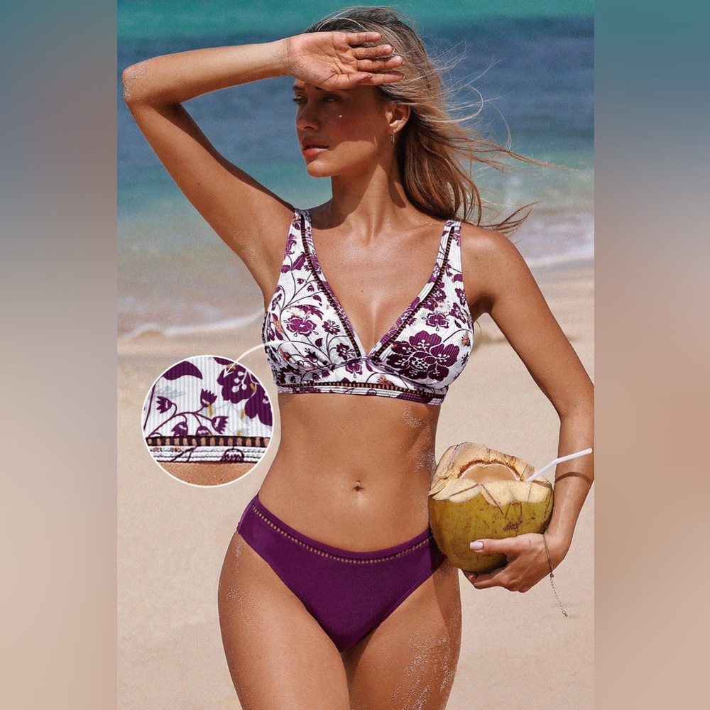 Cupshe Floral Print Plunging Bikini Top & Cutout Bottoms Set NEW - Size SMALL
